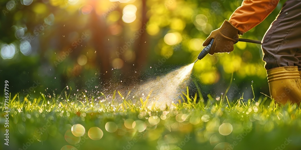 Worker spraying pesticide on a green lawn outdoors for pest control: A close-up view. Concept Pesticide Application, Pest Control, Green Lawn, Close-up Shot, Outdoors - obrazy, fototapety, plakaty 