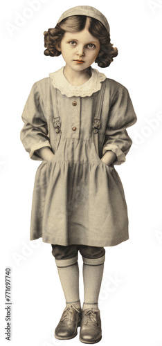 Retro portrait of standing little girl in beret Vintage paper photo on transparent background Old surface