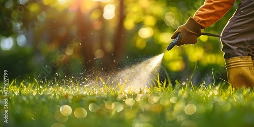 Worker spraying pesticide on a green lawn outdoors for pest control: A close-up view. Concept Pesticide Application, Pest Control, Green Lawn, Close-up Shot, Outdoors © Anastasiia