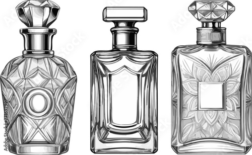 Vector set of 3 black and white flasks of perfume isolated on white background. Collection of 3 monochrome bottles of scent.