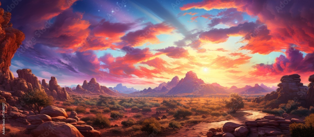 A painting depicting a sunset over a desert landscape with mountains in the background. The sky is filled with cumulus clouds, creating a beautiful afterglow in the atmosphere