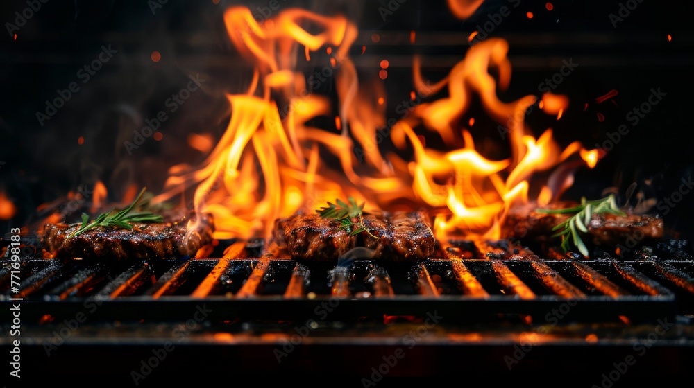 flames coming out of a grill, wide angle, black background 