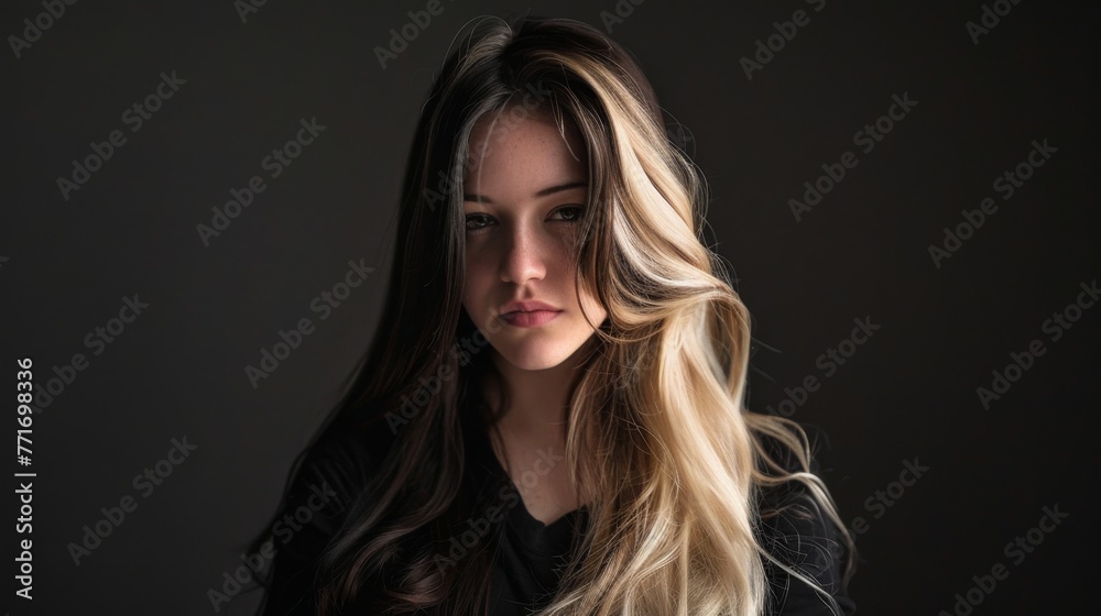 woman with bicolor long hair wig. Half brunette, half blonde. minimal black background. woman with bicolor long hair wig. Half brunette, half blonde. minimal black background.