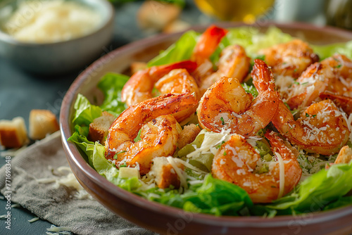 Shrimp Caesar Salad - Classic Caesar salad with added fried shrimp, Parmesan, and croutons on a background of romaine lettuce