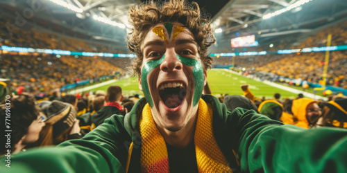 A selfie of an excited fan with face painted in the colors, photo