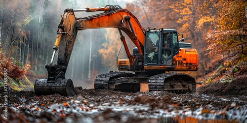 Excavator in action at a construction site. Concept Construction, Excavator, Heavy machinery, Job site, Building work