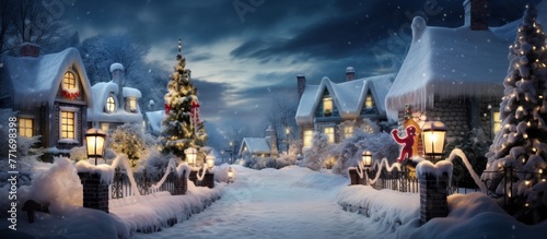 A picturesque snowy village at night with Christmas trees and houses covered in snow, creating a magical winter landscape under the starry sky