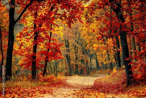   A forest in the fall  with contrasting colors of orange  red and yellow leaves 