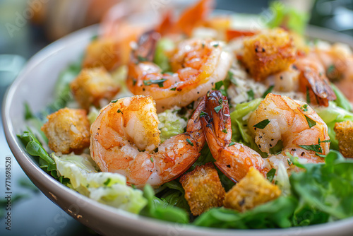 Shrimp Caesar Salad - Classic Caesar salad with added fried shrimp, Parmesan, and croutons on a background of romaine lettuce