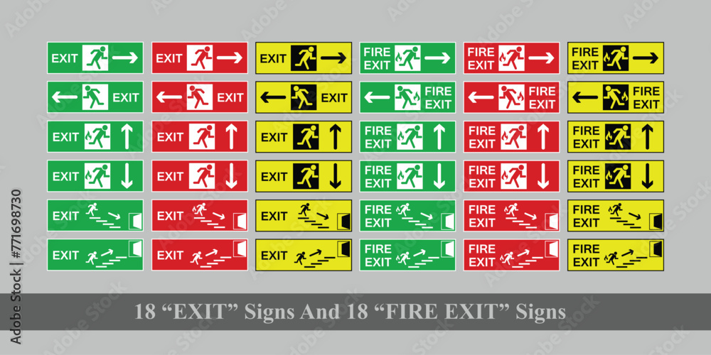 "Eye-catching FIRE EXIT sign illustration with bold lettering and arrow ...