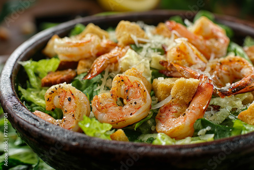 Shrimp Caesar Salad - Classic Caesar salad with added fried shrimp, Parmesan, and croutons on a background of romaine lettuce
