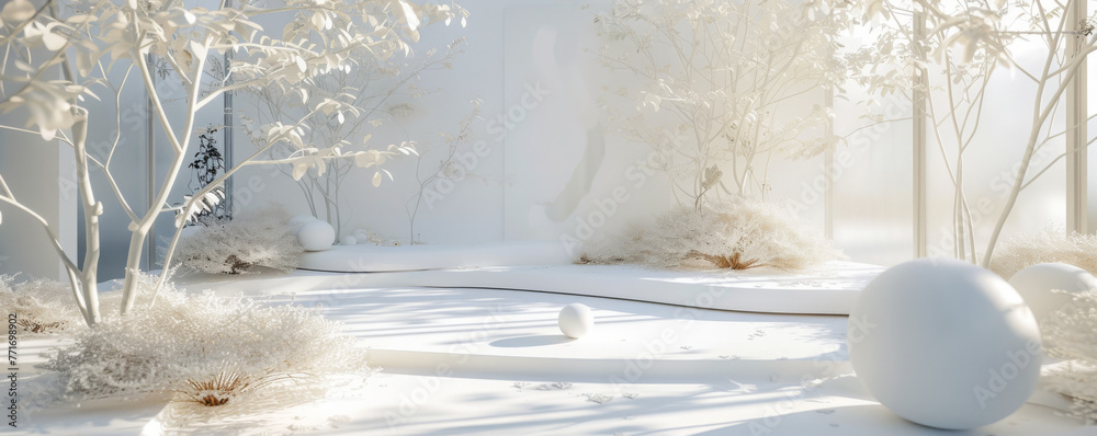 A serene scene of stylized white forest with spherical shapes, creating an ethereal and otherworldly ambiance. dreamlike winter landscape with white trees smooth spheres A serene scene of stylized white forest with spherical shapes, creating an ethereal and otherworldly ambiance. dreamlike winter landscape with white trees smooth spheres
