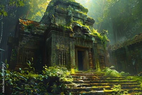   A forgotten temple hidden in a lush jungle  adorned with vibrant moss and ancient glyphs.