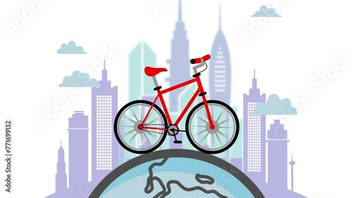 World Bicycle Day. Celebrating World Bicycle Day. Concept for banner, background. Bicycle symbol on the background of the planet and city