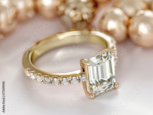 emerald cut diamond, engagement ring, thin gold band
