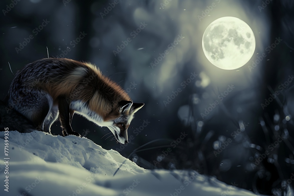 : A fox sneaking up on its prey, with a sense of stealth and cunning, under a bright moon - obrazy, fototapety, plakaty 