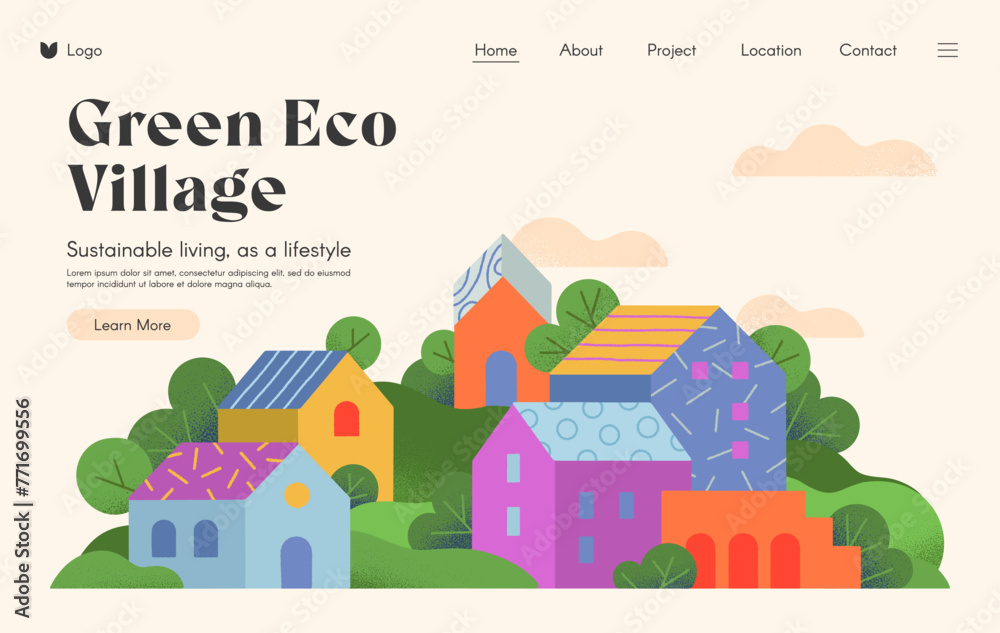 Green eco village landing page.Web page design template with countryside in the spring or summer.Hand drawn town landscape,hills and trees.Vector layout concept for real estate website, mobile website
