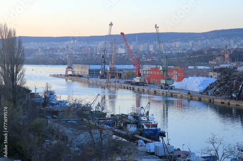 View of the port and the bay in the evening from the bridge in Varna  Bulgaria 