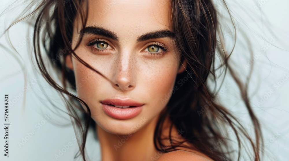 Portrait of a woman with flowing hair and captivating green eyes wearing minimal makeup in a soft lighting setting Portrait of a woman with flowing hair and captivating green eyes wearing minimal makeup in a soft lighting setting