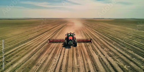 A tractor fertilizing a soybean field. Concept Farming  Agriculture  Tractor  Soybean Field  Fertilizing