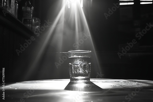 : A glass of water on a table with a bright light source above, creating high contrast