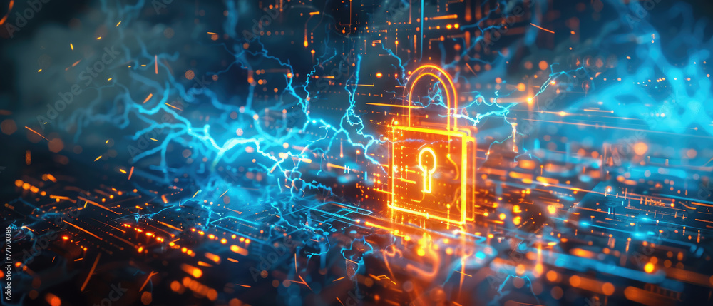 Cyber padlock on abstract dark data background, digital protection of computer information. Concept of technology, lock, secure, privacy, lightning, network Cyber padlock on abstract dark data background, digital protection of computer information. Concept of technology, lock, secure, privacy, lightning, network