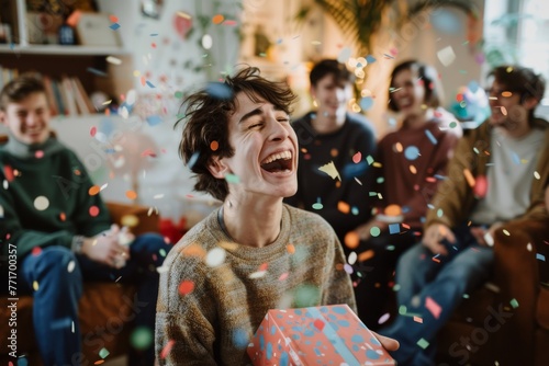 An individual excitedly receiving a vibrant, patterned gift amidst a joyous celebration with friends