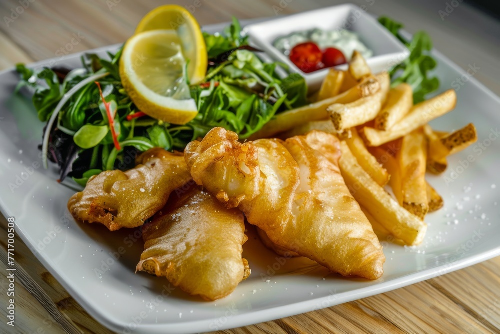 Professional food photography, fish and chips with a side of green salad Professional food photography, fish and chips with a side of green salad