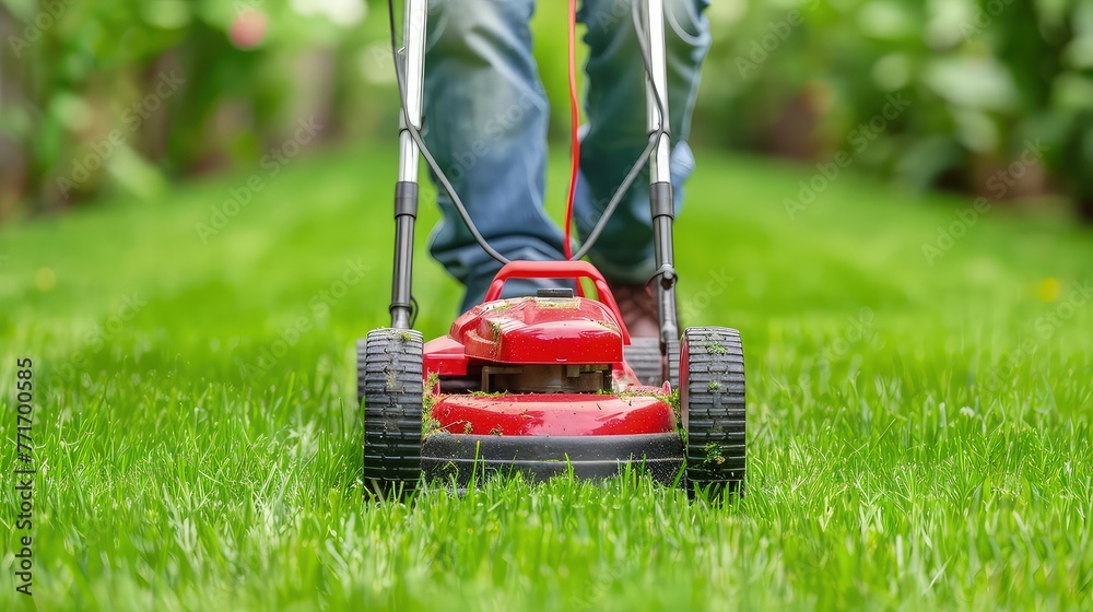 Fototapeta premium Lawn mower on grass in garden. The vibrant green grass contrasts beautifully with the red and black colors of the lawn mower.