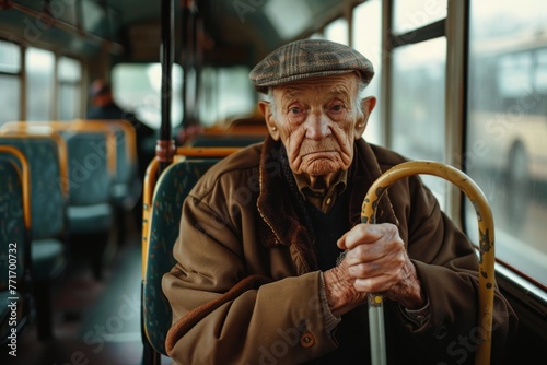 A focused image on an elderly man's hands holding a cane while seated on a bus with a blurred face