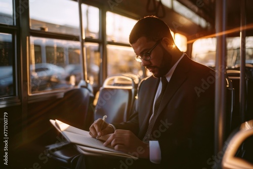 A suited man pensively writes in his notebook while sitting on a bus  the sun setting outside the window