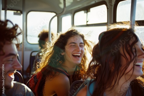 Group of young friends laughing together on a bus with natural sunlight streaming in © ChaoticMind