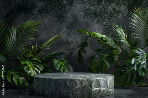 stone podium for product presentation mockup with tropical leaves on dark background 3d rendering, detailed illustration