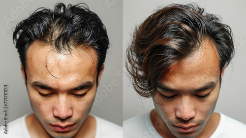 before and after hair loss treatment, man's head. The left side shows patches of baldness and the right photo shows thick black hair.hair transplant photo