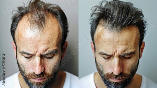 before and after hair loss treatment, man's head. The left side shows patches of baldness and the right photo shows thick black hair.hair transplant photo
