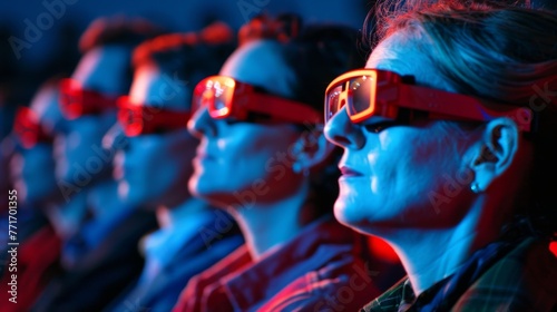 Theater spectators look at the screen. All spectators are wearing red/blue 3D glasses. cinema. Ultra realistic. photo