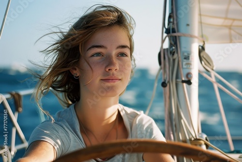 A youthful sailor at the helm of a sailing vessel, with natural sunlight and blue waters around her © ChaoticMind