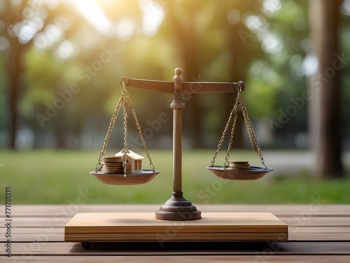 Home and money bag put on the scales with balance put