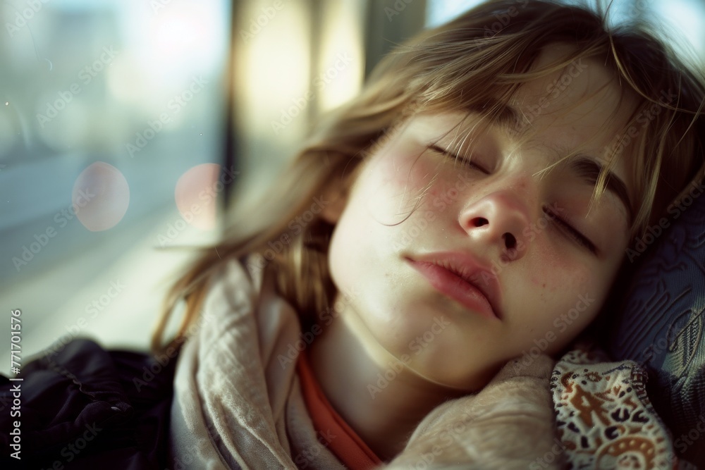 A serene scene of a person taking a rest during a journey on a bus, looking out the window with a peaceful expression A serene scene of a person taking a rest during a journey on a bus, looking out the window with a peaceful expression