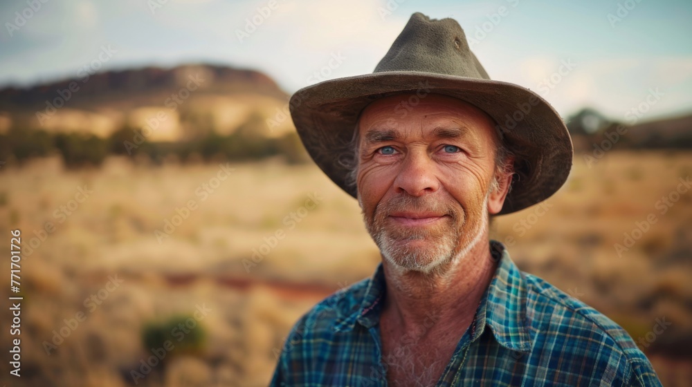 We see happy, smiling 45-year-old rural Australian farmer, with slight stubble and a hat, in the background is rugged farmland in shallow depth of field. 