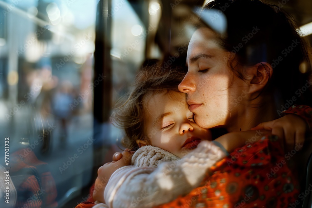 Candid capture of a person napping during urban transit bathed in sunlight, evoking a sense of relaxation and travel