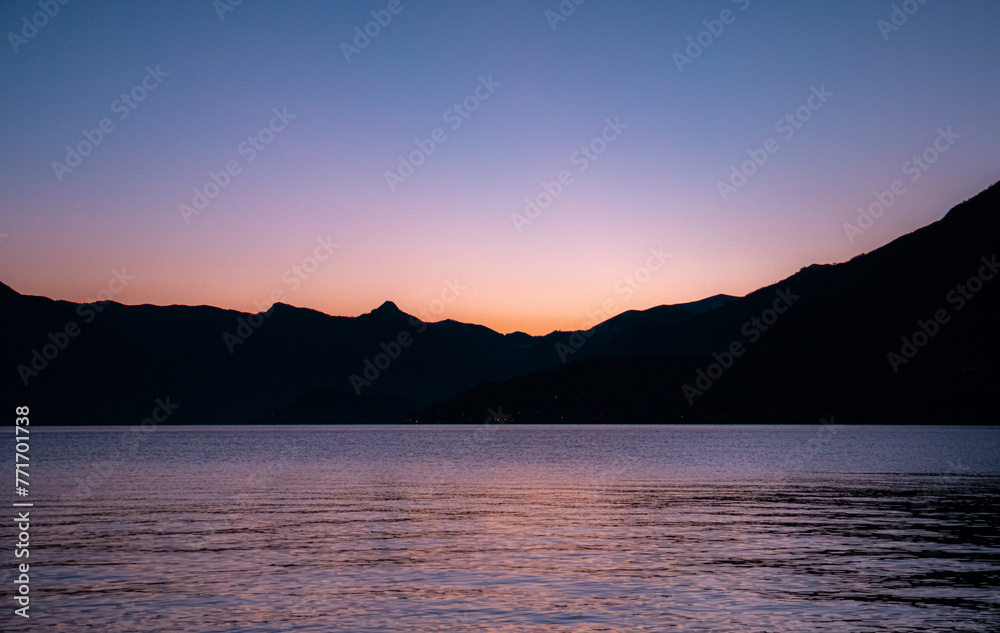Sunset in Lake Como with Mountains in the background, Bellagio, Italy