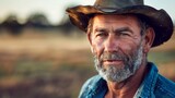 We see happy, smiling 45-year-old rural Australian farmer, with slight stubble and a hat, in the background is rugged farmland in shallow depth of field. 