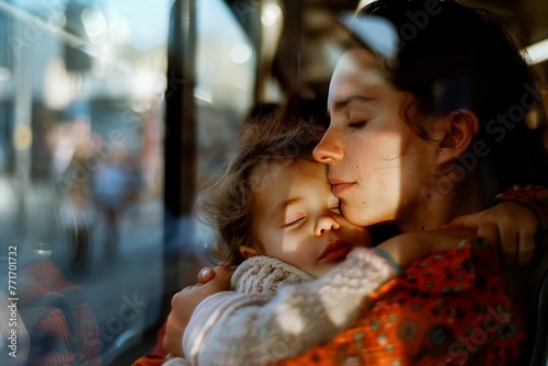 Candid capture of a person napping during urban transit bathed in sunlight, evoking a sense of relaxation and travel