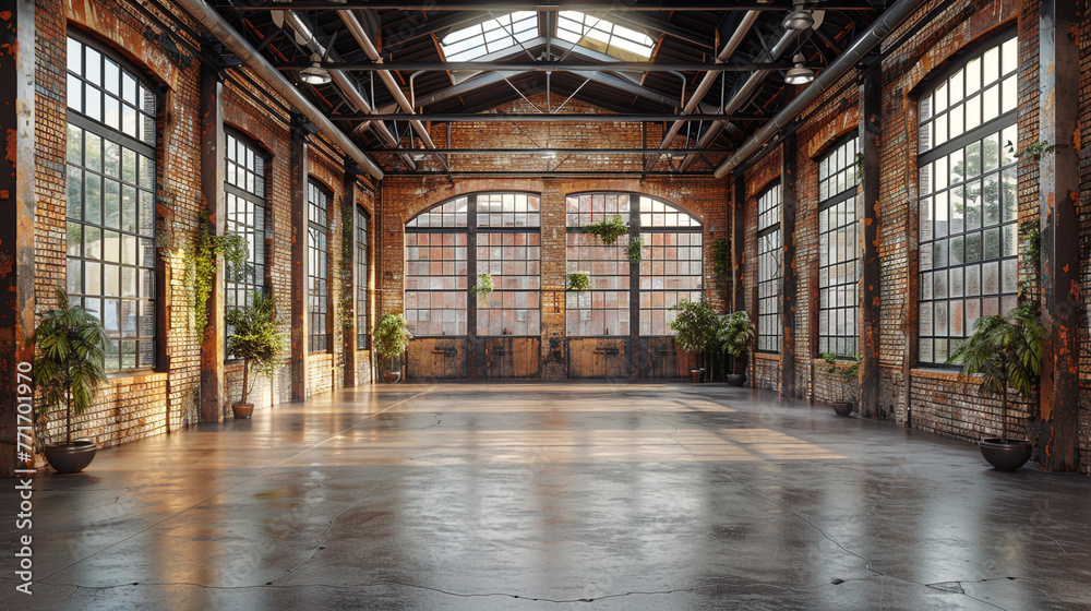 Industrial loft style empty old warehouse interior,brick wall,concrete floor and black steel roof structure Industrial loft style empty old warehouse interior,brick wall,concrete floor and black steel roof structure