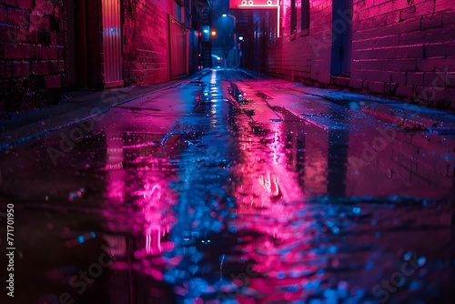   A glowing neon sign in a dark alley  casting colorful reflections on the wet pavement