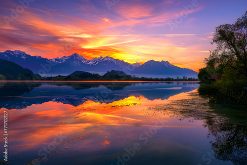 Lake's Reflective Splendor: Illuminating the Crossover from Day to Night