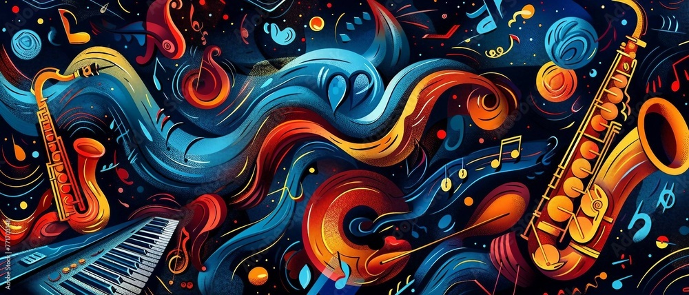 colorful music-themed background with stylized  musical icons. headphones, piano keys, saxophones, and electric guitars, arranged in a visually engaging composition. 
