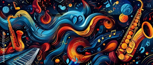 colorful music-themed background with stylized musical icons. headphones, piano keys, saxophones, and electric guitars, arranged in a visually engaging composition. 