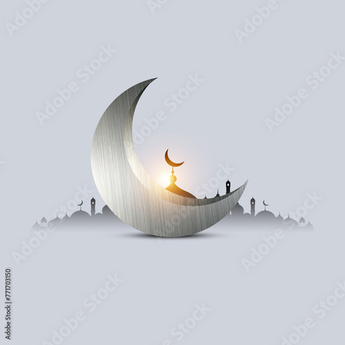 Silver new Eid Ramadan moon with Islamic mosque on a bright background, Eid Mubarak Islamic design crescent moon and Arabic calligraphy, Eid Mubarak Islamic background template